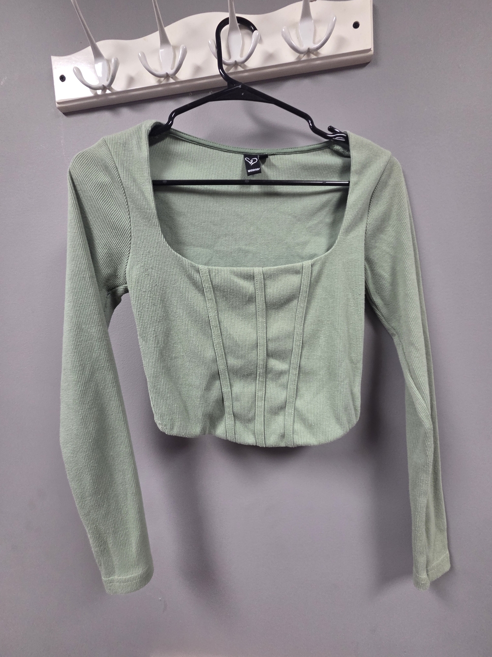 Windsor Sage Green Ribbed Long-Sleeve Square Neck Crop Top